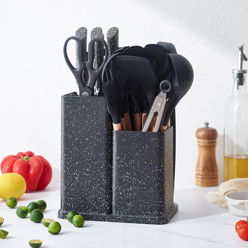 Nuevo conjunto de 19 piezas de silicona multifuncional de cuchillos de cocina de silicona con mango de estante de doble barril Yangjiang Gong