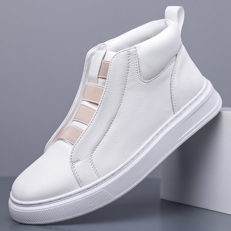 Giày sneaker nam phối da, dây chun co giãn không dây buộc, chống trượt, kiểu lười xỏ chân — Màu trắng, màu đen