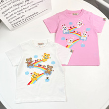 miki短袖24夏款日系男女儿童卡通可爱全棉彩虹滑梯熊兔印绣花T恤