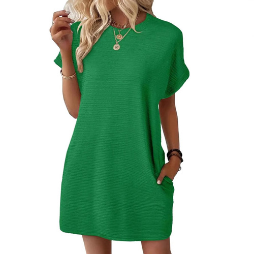 Women's Loose Round Neck Pockets Solid Color Short Sleeve Dress for Amazon Cross-Border E-commerce Independent Store - 2025 Summer New Arrival