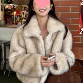 秋冬新款狐狸毛皮草外套女宽松毛毛大衣外套托卡短款
