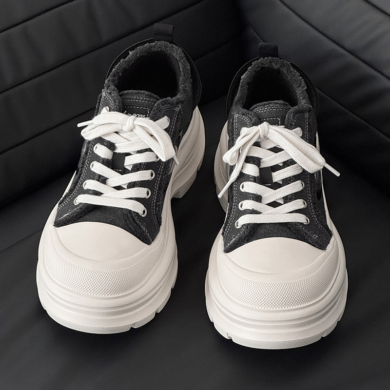 Vintage-Style Black Thick-Soled Height-Increasing Canvas Shoes, Unisex, Simple and High-End Platform Shoes, Retro Fringed Versatile Casual Shoes