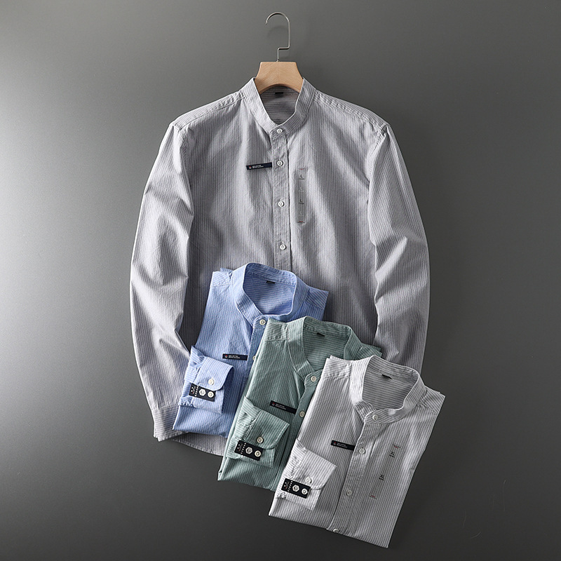 Foreign trade factory tail goods ~ autumn men's water vertical striped stand collar commuter casual long-sleeved shirt shirt
