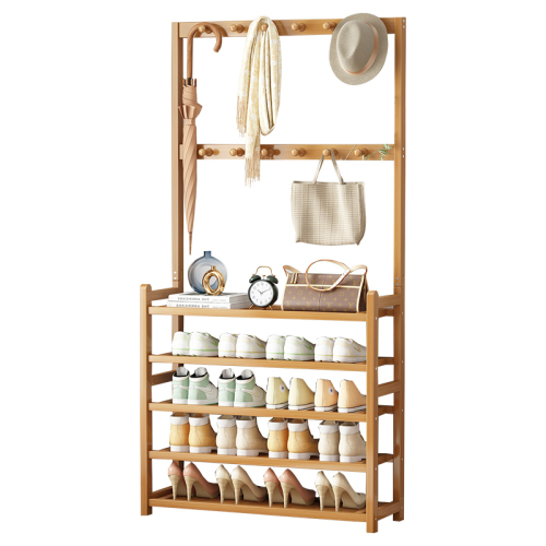Multifunctional all-in-one shoe rack coat rack floor-standing household solid wood storage rack doorway indoor simple multi-layer shoe cabinet