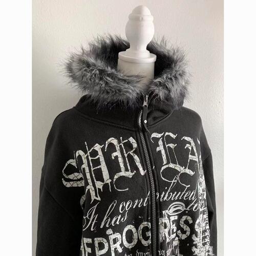 Vintage Black Hooded Sweatshirt with Letters, Autumn/Winter Dark Punk Padded Zip-Up Hoodie Sweatshirt with Wool Collar