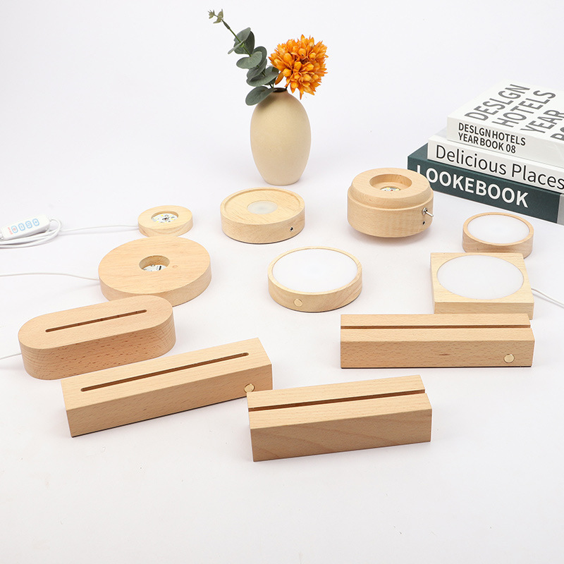 Wooden Night Light Touch DIY Acrylic Luminous Base Rubber Wood Night Light Led Luminous Base Charging Model