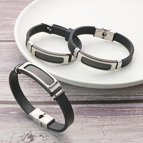 European and American Trend Silicone Bracelet Creative Personalized Simple DIY Engraving Stainless Steel Men's Bracelet Non-fading
