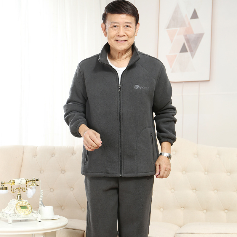 Autumn and Winter New Fleece Suit Fleece-lined Loose Middle-aged and Old Men's Dad Elderly Fleece Thickened Grandpa Suit