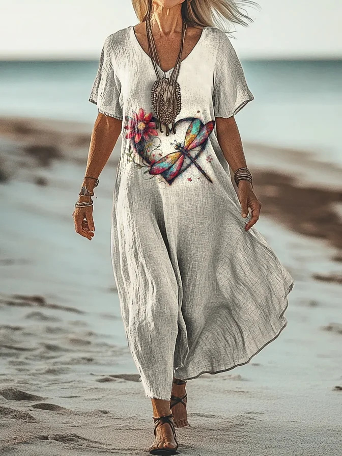 Creative Floral Women's Summer V-Neck Short Sleeve Dress, Mid-Length Dress_ecoleips.com