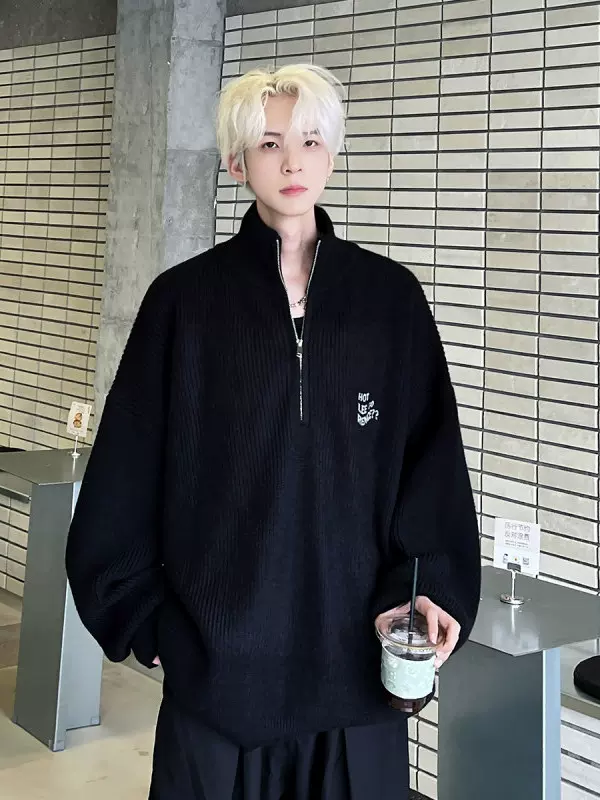 干净合身黑色美式半拉连高领毛衣男痞帅感重磅针织衫卫衣外套