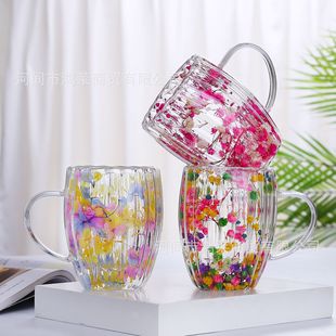 High Borosilicate Glass Double-layer Dried Flower Cup Striped Household Anti-scalding Heat Insulation Coffee Cup Creative Wind Glass with Handle