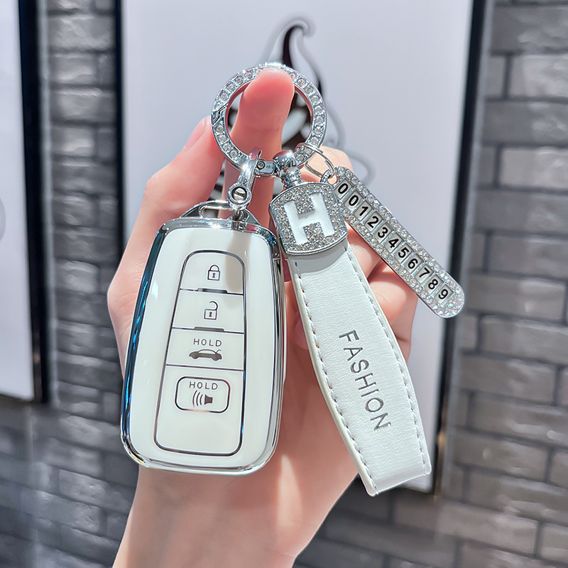 토요타 P 모델 - 스마트 4버튼 스피커 [싱글 쉘 화이트] + 화이트 H 가죽 로프 다이아몬드 버클 + 실버 번호판