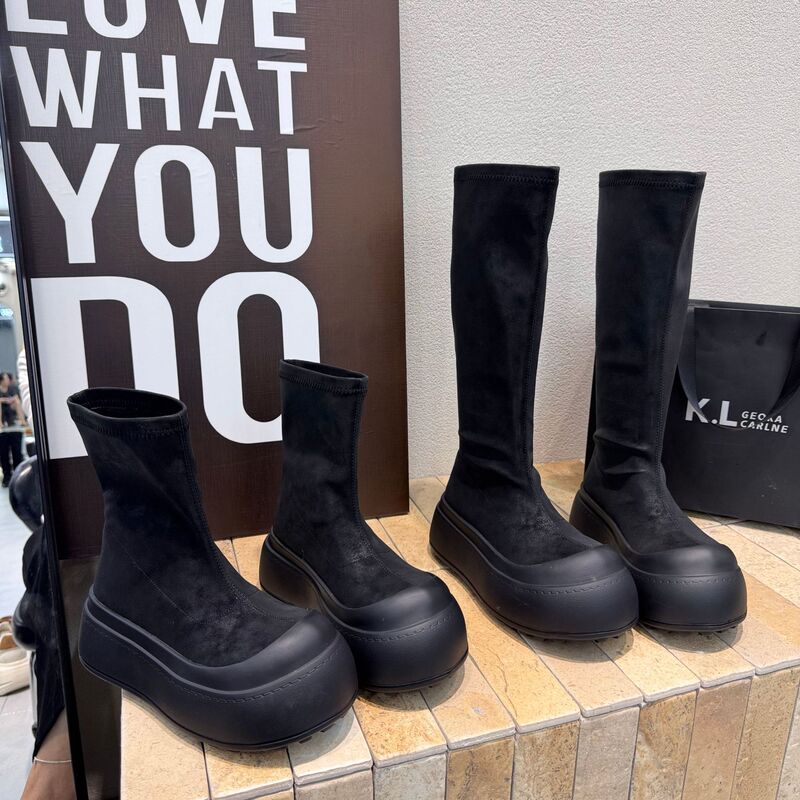Korean-style thick-soled elastic boots for women, round toe, 2026 autumn new model, height-increasing, comfortable slim boots, versatile waterproof platform long boots Korean-style thick-soled elastic boots for women, round toe, 2026 autumn new model, height-increasing, comfortable slim boots, versatile waterproof platform long boots
