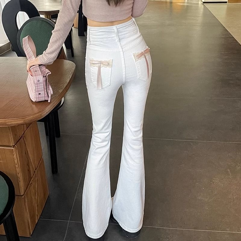 White Lace Splicing Bootcut Jeans for Small Women Spring and Summer New Bow High Waist Elastic Flared Pants White Lace Splicing Bootcut Jeans for Small Women Spring and Summer New Bow High Waist Elastic Flared Pants