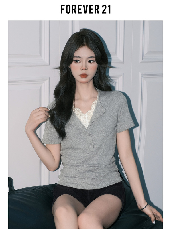 Forever21气质灰色蕾丝假两件V领针织小衫女纯欲修身长袖打底上衣|undefined