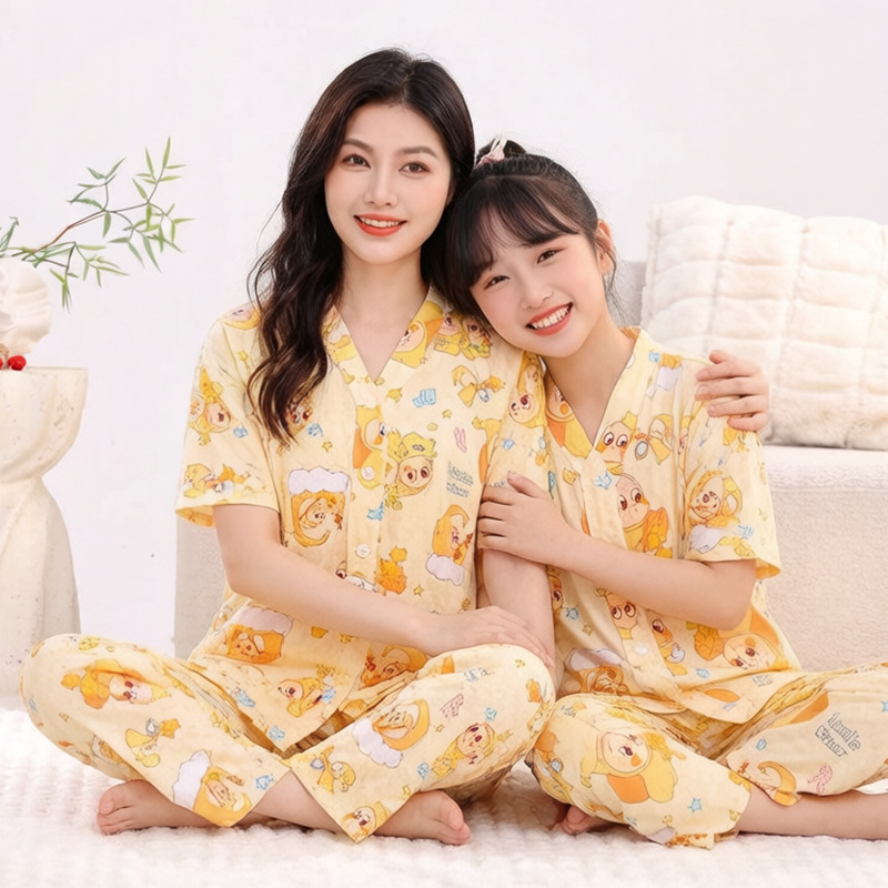 Family Cotton Silk Pajamas Short-Sleeve Parent-Child Loungewear Boys Girls Couple Cardigan Air Conditioning Suit Set Thin Summer Style Family Cotton Silk Pajamas Short-Sleeve Parent-Child Loungewear Boys Girls Couple Cardigan Air Conditioning Suit Set Thin Summer Style