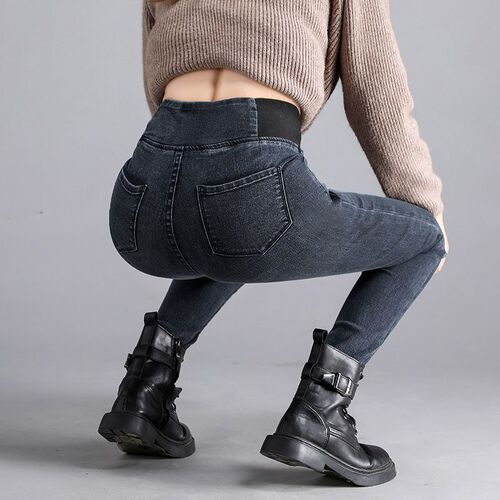 - Jin large size, high waist, elastic waist, new winter style, velvet jeans, women's slim all-match pants