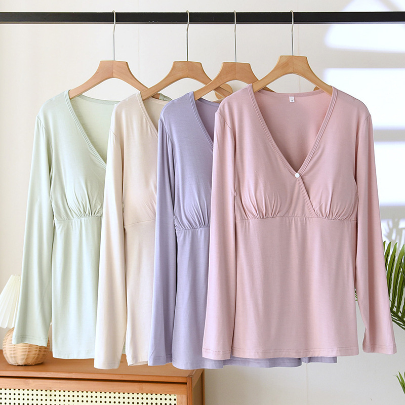 Modal breast-feeding top with breast pad for pregnant women postpartum single-piece monthly clothing for spring, summer and autumn breathable breast-feeding plus size elastic Modal breast-feeding top with breast pad for pregnant women postpartum single-piece monthly clothing for spring, summer and autumn breathable breast-feeding plus size elastic