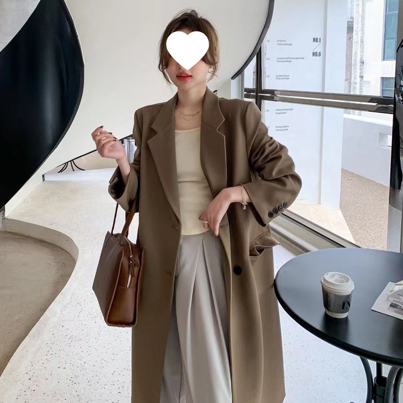 2025春秋季韩版长款西装外套女休闲西服宽松显瘦气质过膝风衣大衣|undefined
