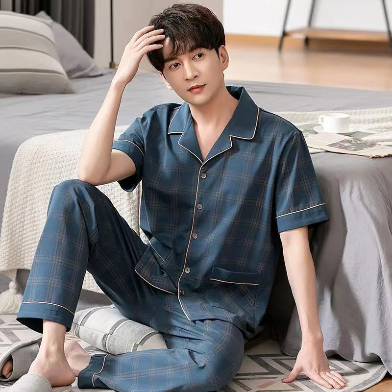 Pijama de algodón para hombre ropa de verano de manga corta para el hogar traje de dos piezas de algodón delgado de verano para hombres