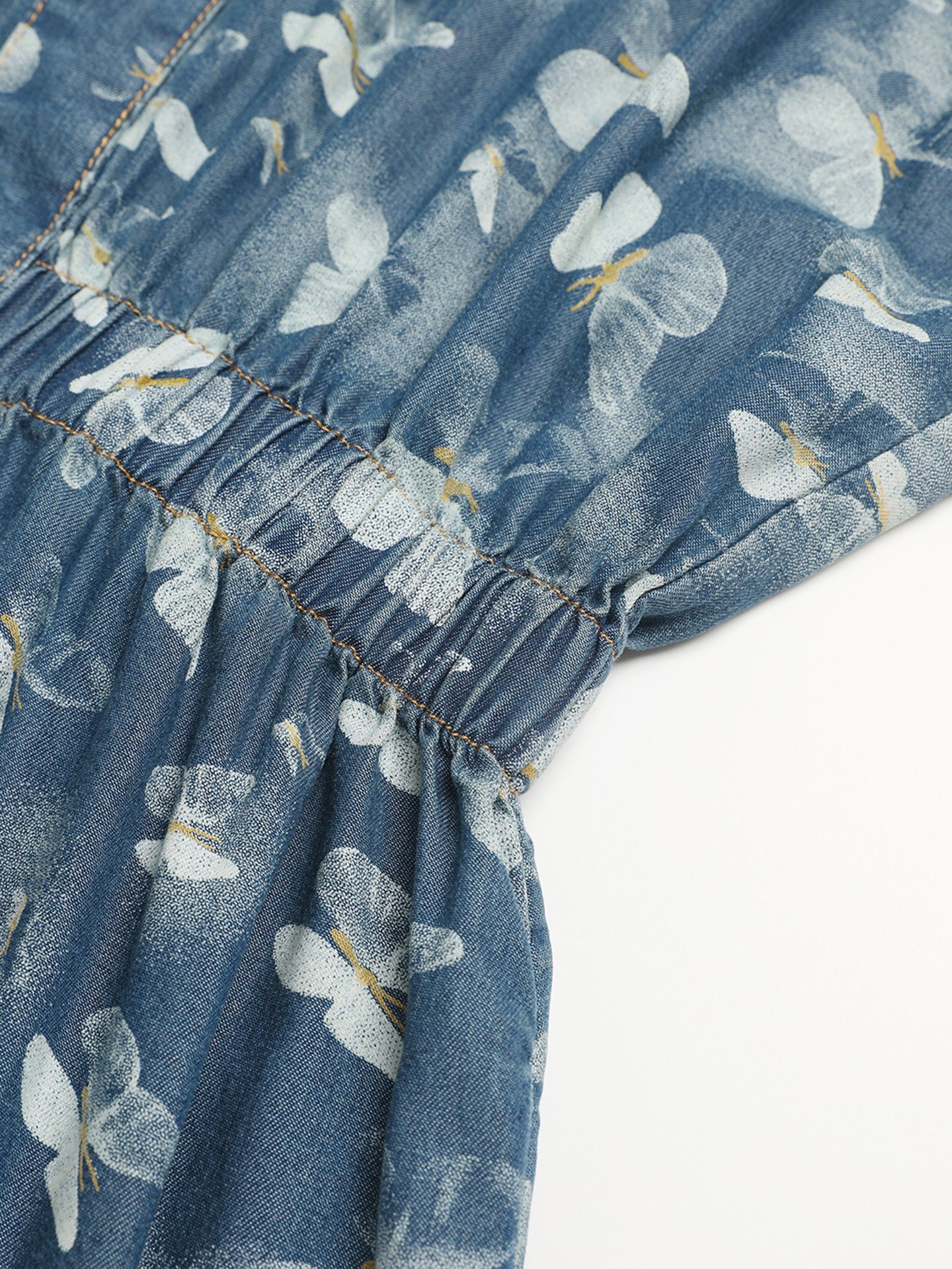 Đầm maxi nữ in họa tiết hoa bướm chất denim nhẹ thắt eo — Cao bồi xanh