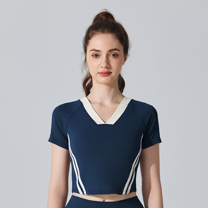 Summer Fashion Retro V-Neck Yoga Clothes for Sports and Fitness Small People Splicing Color Matching Tops Running Quick-Drying T-Shirts Trendy