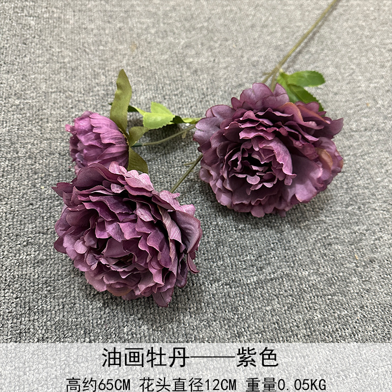 Flores artificiales de peonía de 3 cabezas, estilo Luoyang, pintura al óleo, flores falsas para decoración de bodas, salones, hogares y hoteles.