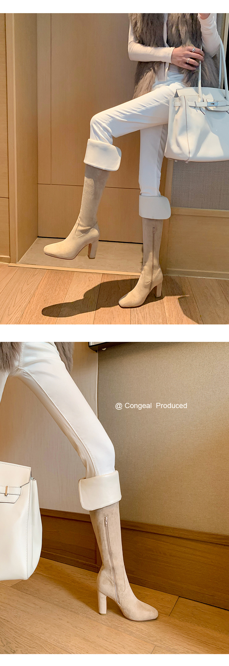 Boot nữ cổ cao quá gối mũi vuông gót thô 5 cm phong cách Hàn Quốc, có thể gập ống — Lớp lót nhung ống nhỏ màu đen 5cm chi tiết 18