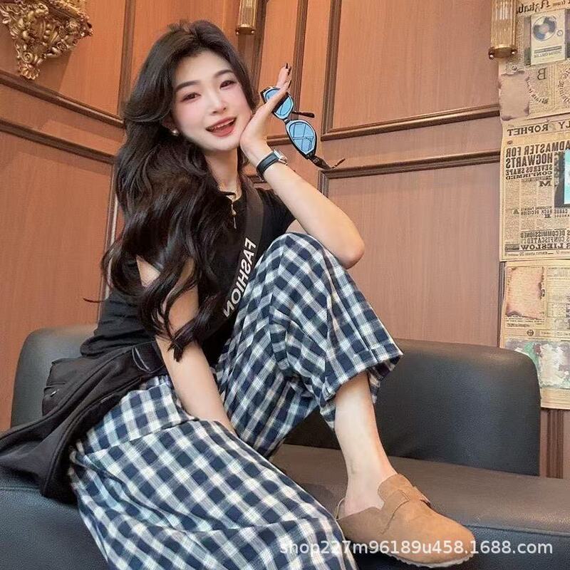 2026 Summer New Style Trendy Elastic Pants with Back Pockets, Red Plaid Loose Straight-Leg Cropped Casual Pants for Women 2026 Summer New Style Trendy Elastic Pants with Back Pockets, Red Plaid Loose Straight-Leg Cropped Casual Pants for Women
