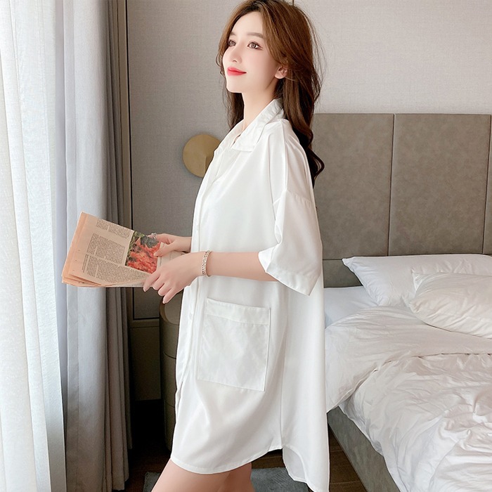 Verano nuevo pijama vestido corto de mujer simple dulce pequeño viento sexy red en casa pijama camisa falda de comercio exterior