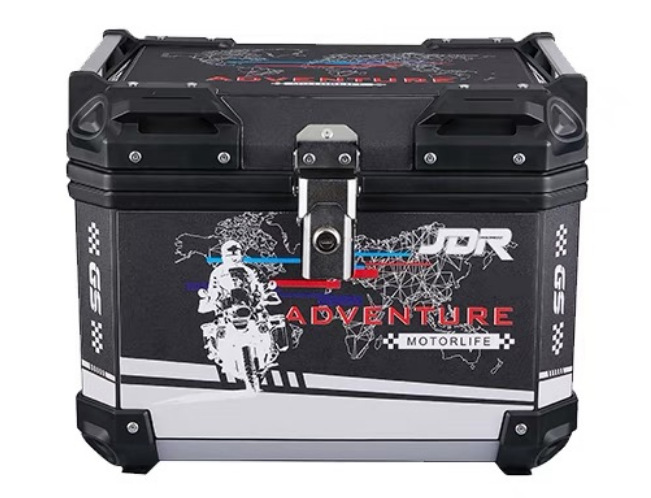 Baúl trasero de motocicleta de aleación de aluminio al por mayor de fábrica, baúl trasero de PP/ABS con baúl plano trasero con relieve en X