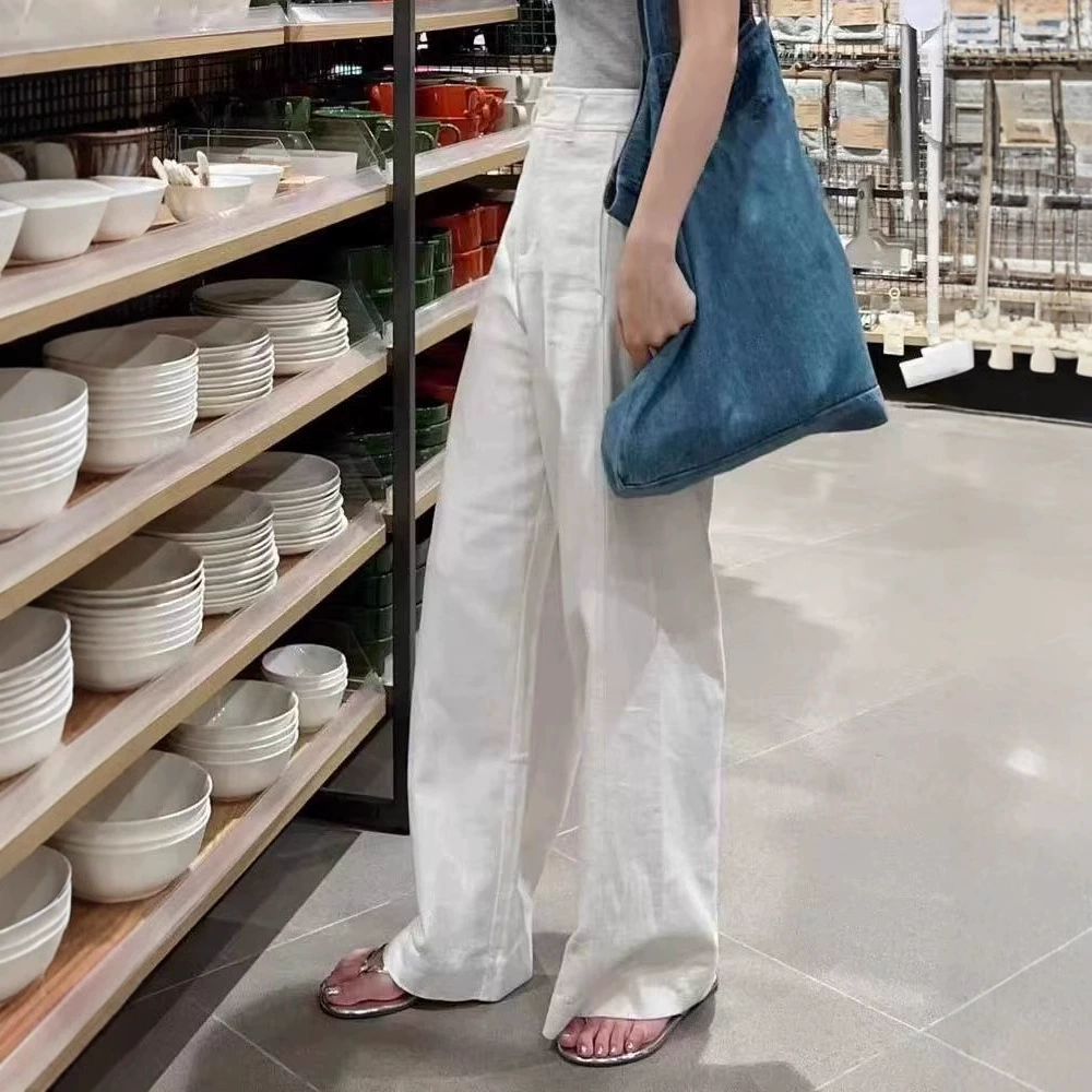 Белый хлопок льна женская весна и осень 2025 новый маленький человек с высокой талией повседневные прямые льняные брюки брюки