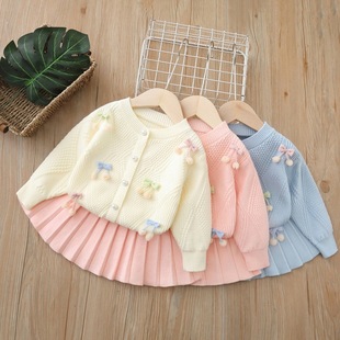 Baby Girl Handmade Flower Cardigan Two-Piece Set 2025 Autum New Girl Cute Skirt Girl Sweater Suit