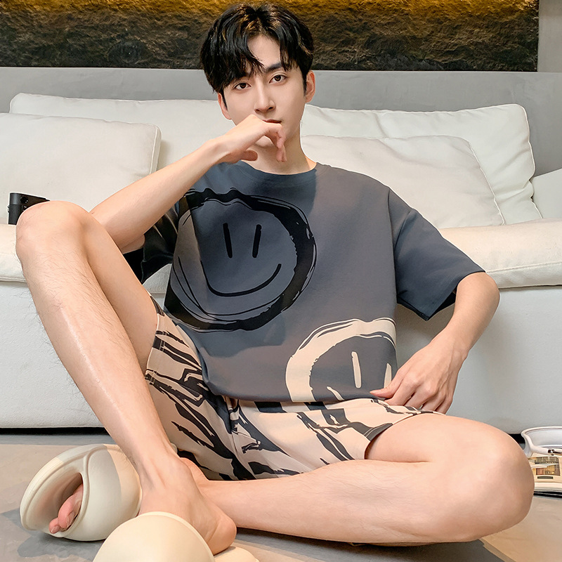 남성용 잠옷 여름 순면 반팔 반바지 플러스 사이즈 얇은 2025 새로운 남성용 홈웨어 세트 외부 착용 가능