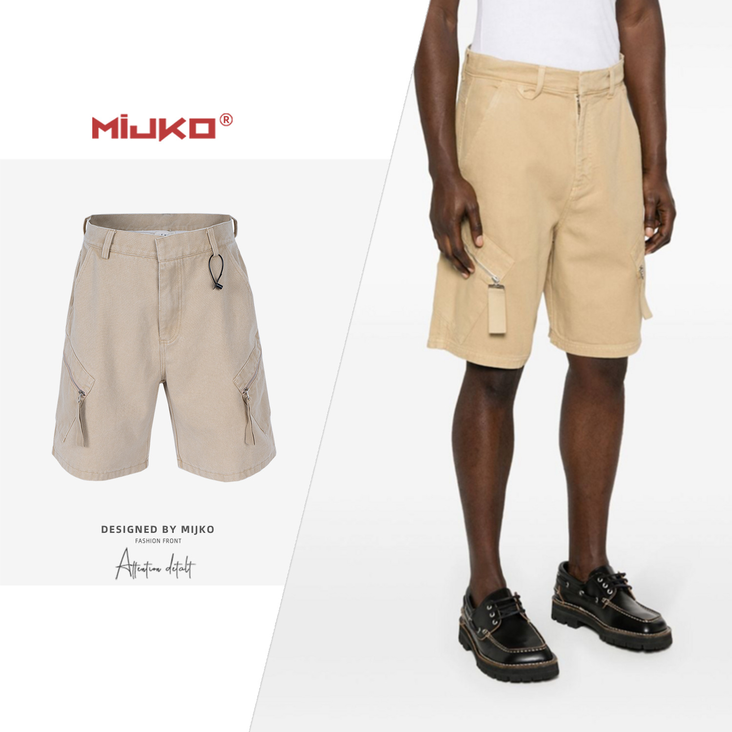 MIJKO Men's Wear Women's Spring and Summer New Multi-Pocket Canvas Workwear Casual Pants Men's and Women's Same Zipper Khaki Shorts