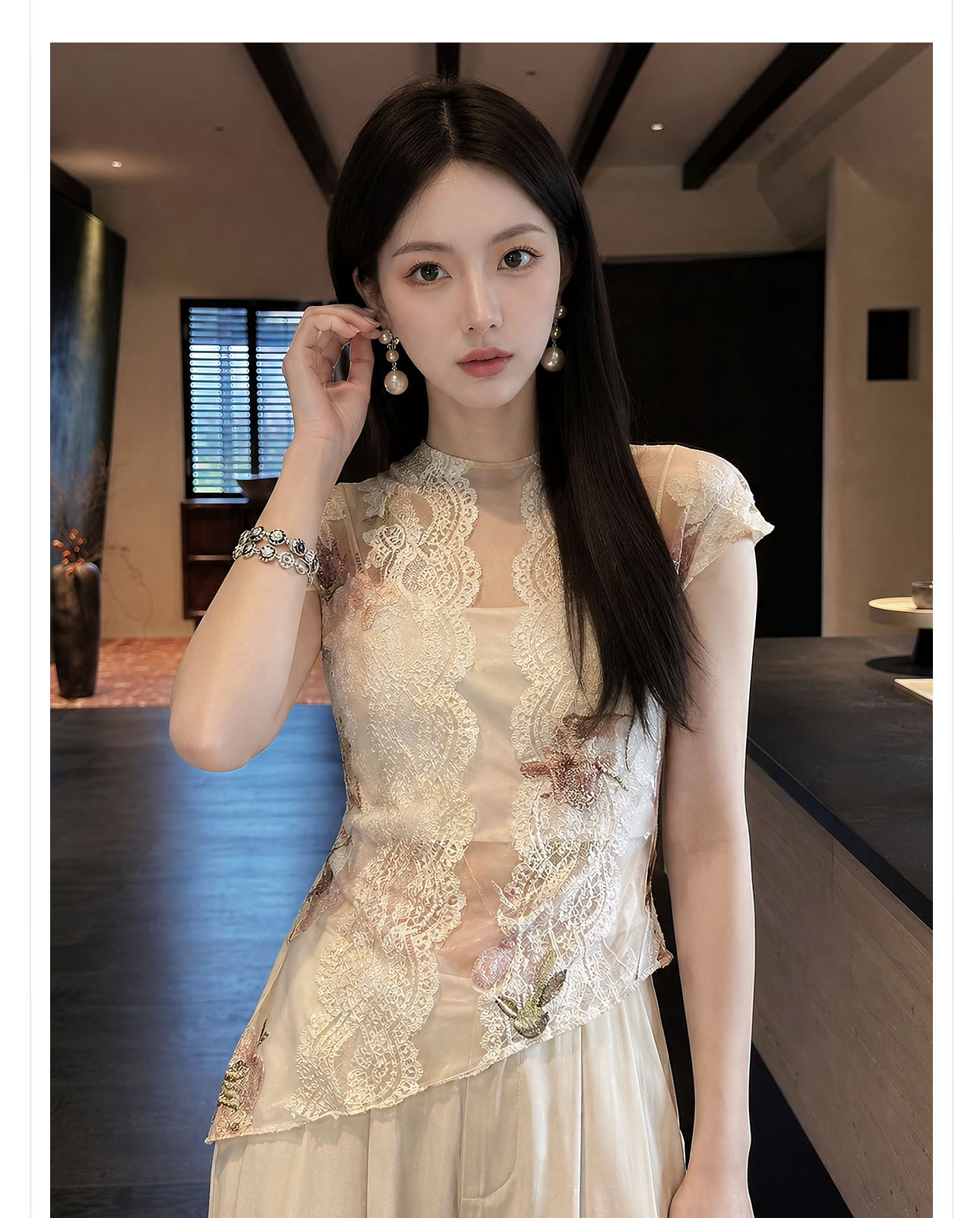 Áo sơ mi dài tay nữ phong cách Tân Trung Hoa, họa tiết in thắt nút ren — Đỏ cam, Trắng nguyệt chi tiết 10