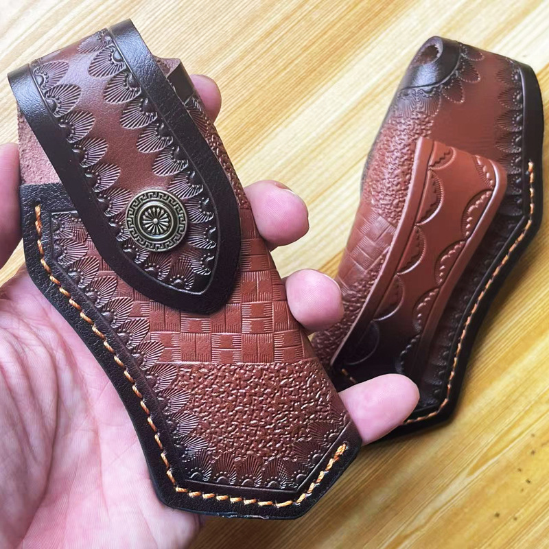 头层牛皮刀套折叠刀皮套植鞣雕花收纳小刀皮套户外刀库刀鞘刀壳