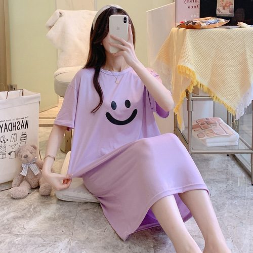 Internet celebrity live broadcast short-sleeved nightgown for women summer mid-length over-the-knee casual large size loose solid color smiling face home wear