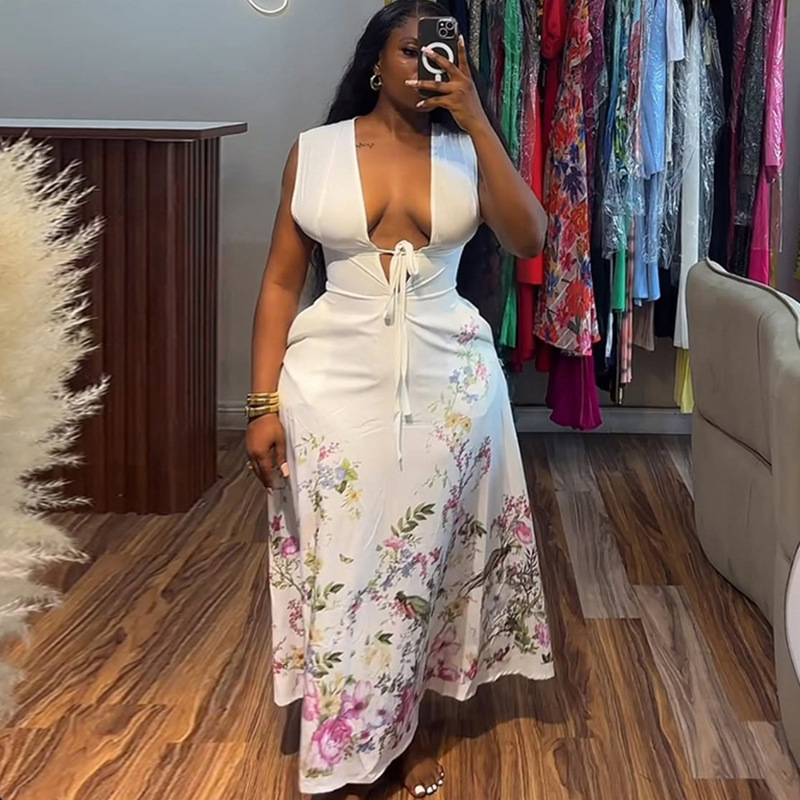 欧美跨境女装2025夏季新款性感气质绑带V领印花中长款无袖连衣裙
