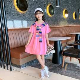 纯棉女童夏装连衣裙新款儿童假两件T恤裙中大童宽松显瘦沙滩裙子