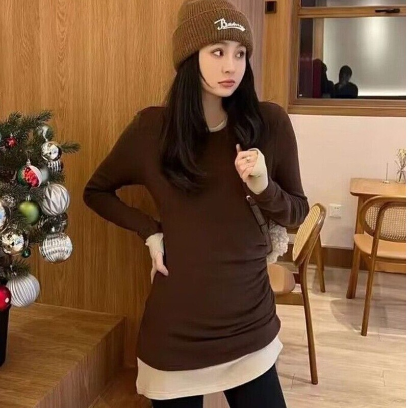 Mid-length Shark Pants Companion Wool Hip Covering T-shirt Women's Autumn and Winter Pleated Waist Slimming Base Shirt Top Trendy