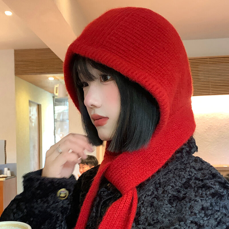红色巴拉克拉法帽女秋冬季保暖加厚针织帽子围脖一体护耳毛线帽潮|undefined