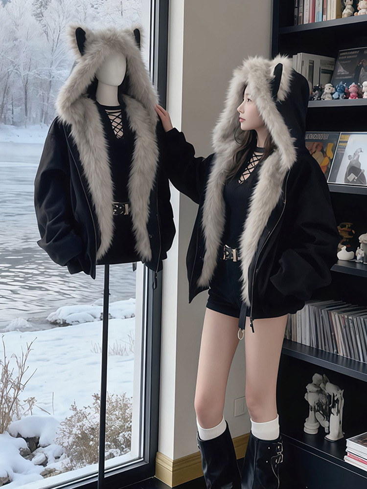 [Cross-Border Foreign Trade Exclusive, Millions in Stock] Zuo Shan Diao Cat Ear Large Fur Collar Cotton Coat, Fluffy Hooded Cotton