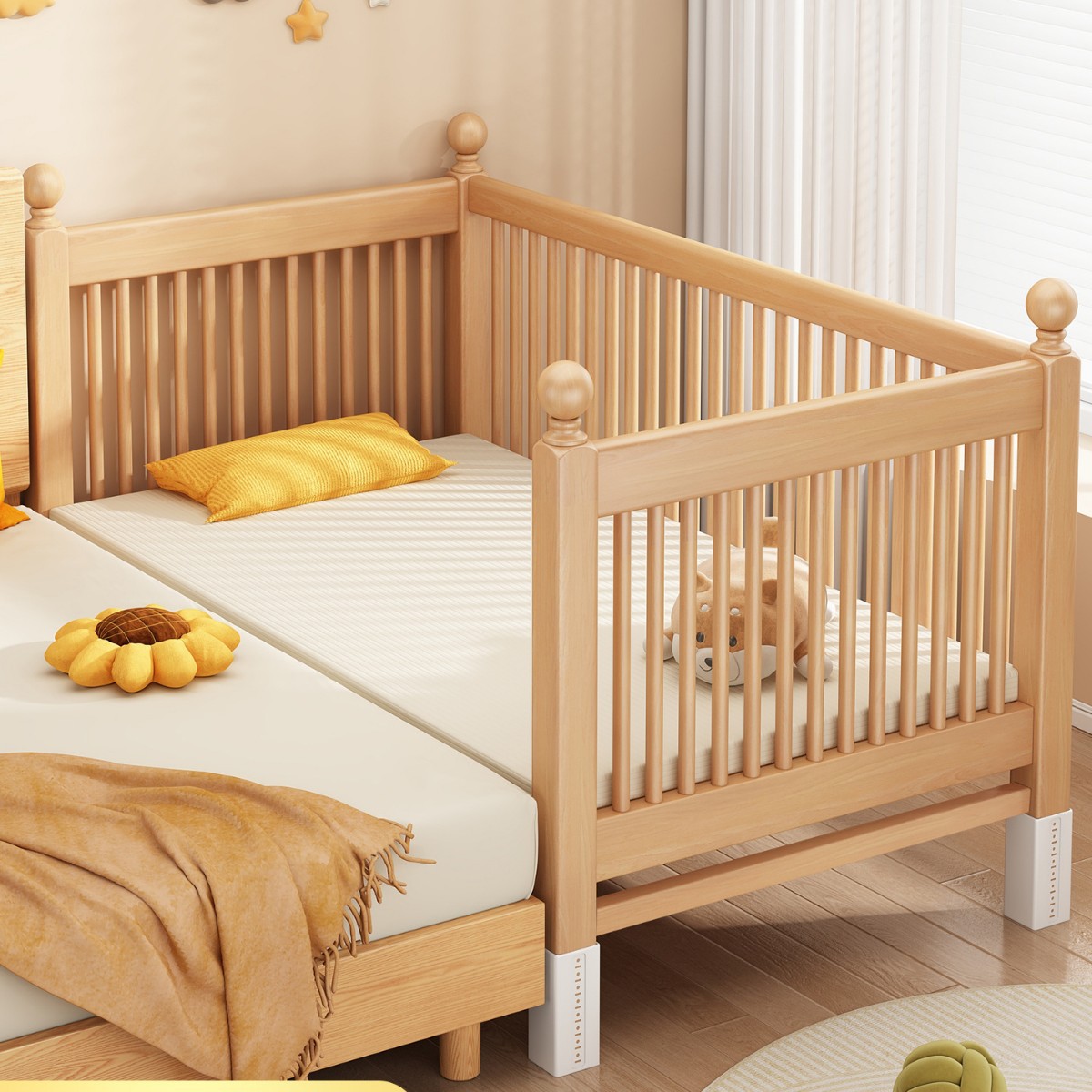 Children's Splicing Bed, Baby Solid Wood Bedside Bed with Loose Beech Wood Guardrails, Baby Crib That Can Be Raised and Lowered for Boys and Girls