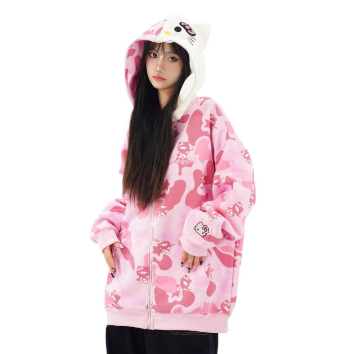 Cotton American Retro Vintage Camouflage Cardigan Kitty Cat Sweatshirt Women's Loose Lazy Style Oversize Jacket Cotton American Retro Vintage Camouflage Cardigan Kitty Cat Sweatshirt Women's Loose Lazy Style Oversize Jacket
