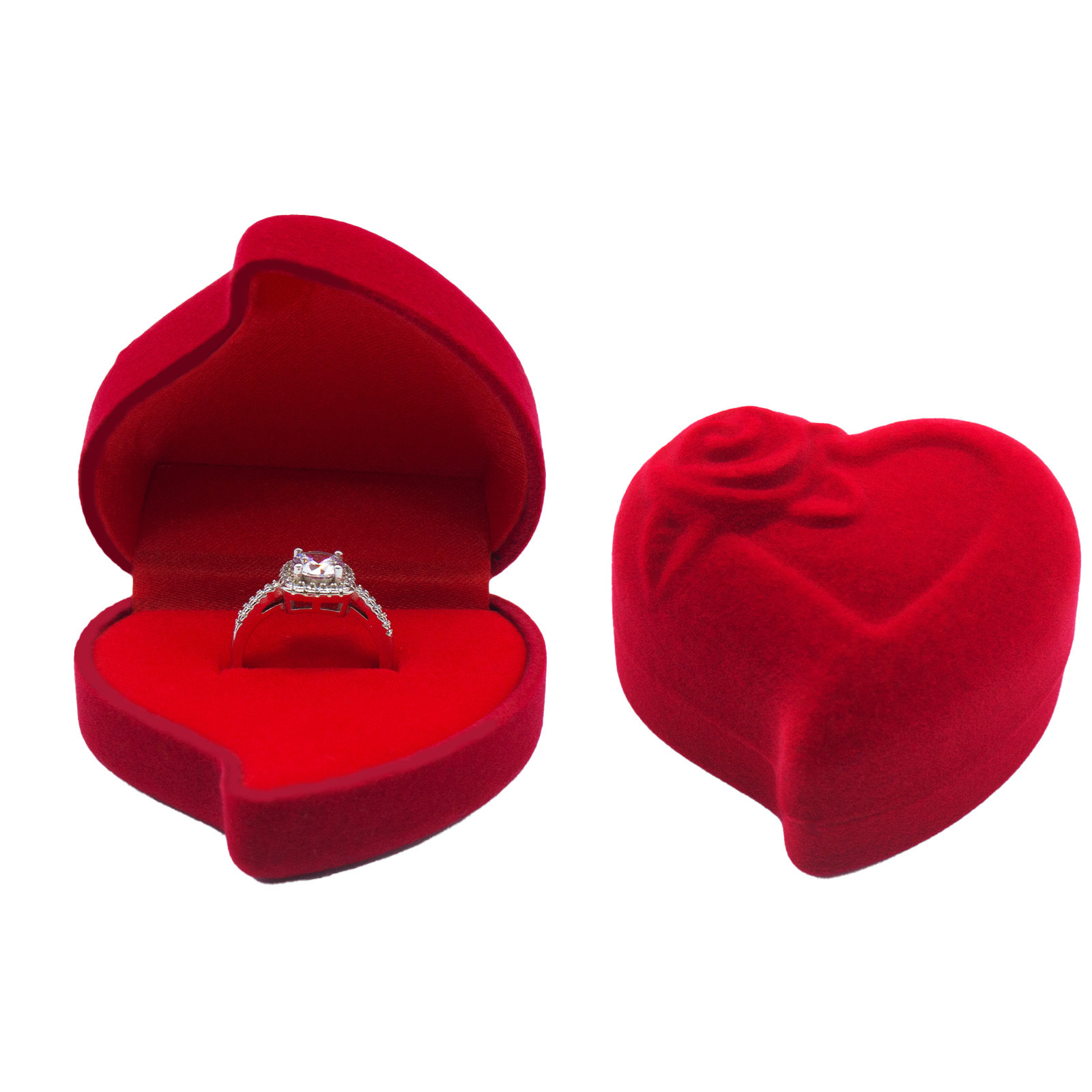 Caja para anillo con forma de corazón, diseño floral inclinado, color melocotón, con exterior y interior rojo para un solo anillo; 60*60*40mm