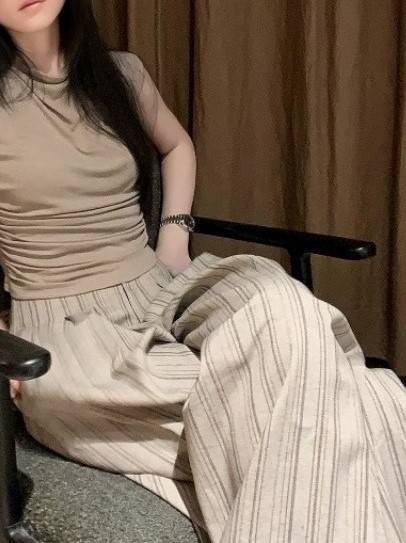 Yuzhi yuzhi 通勤ストライプワイドレッグパンツ夏の新しいプリーツデザインカジュアル多用途ストレートパンツ女性用|undefined