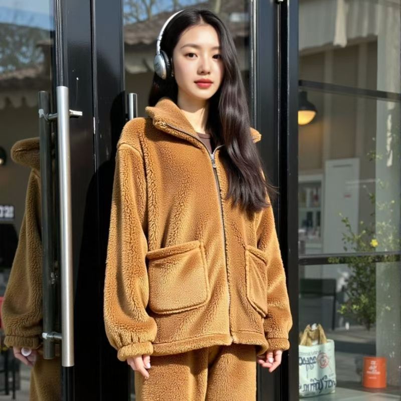 Supply of 2025 Autumn and Winter Solid Color Coral Fleece Nightgown for Women, Fleece-Lined and Thickened, Cute Cartoon Flannel Set