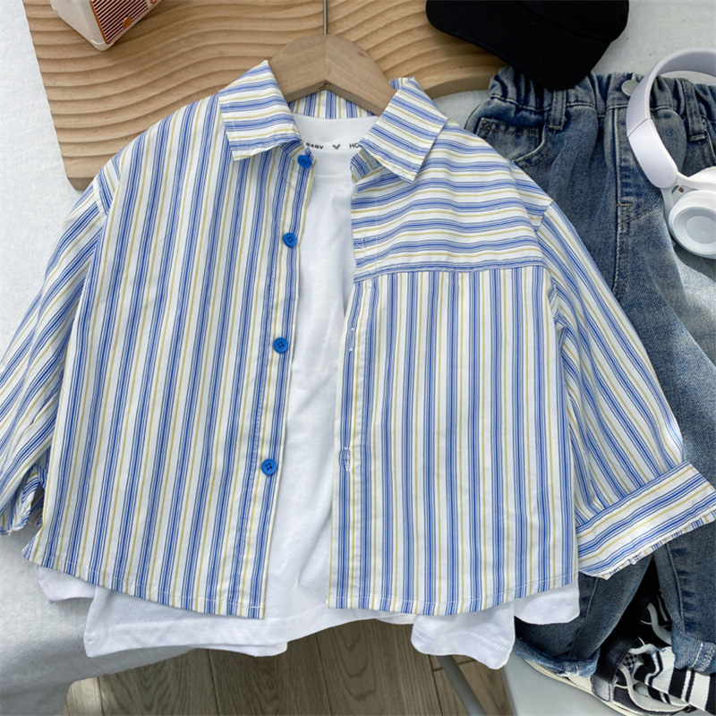 Camisas de niños de primavera y otoño de niños guapos bordados con collar de banda vertical camisa de niños