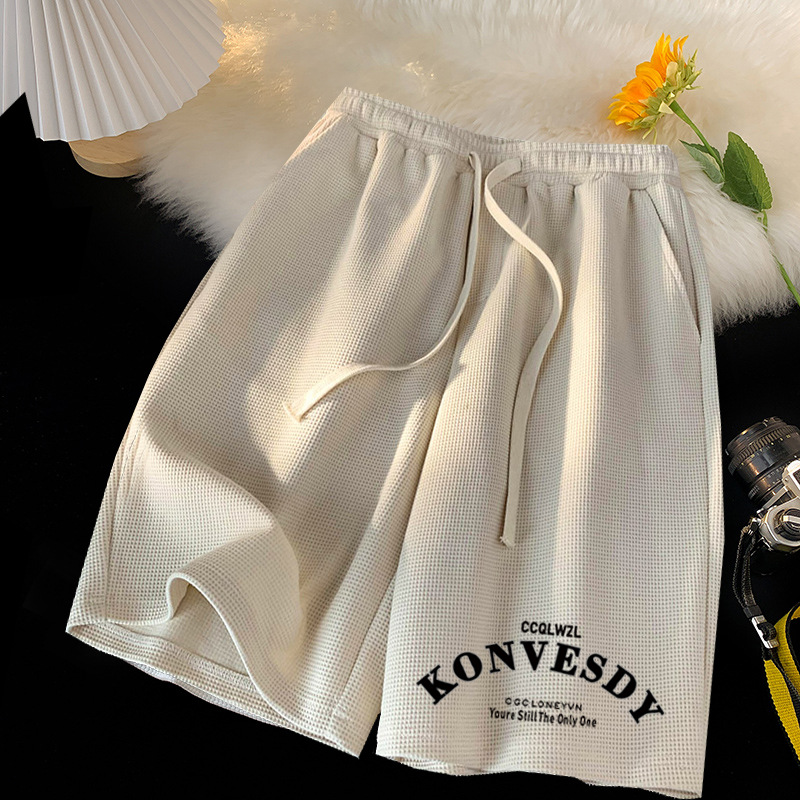 [Venta al por mayor] pantalones cortos de waffle de verano Pantalones cortos rectos sueltos ocasionales de los hombres pantalones cortos de marca de moda de las mujeres